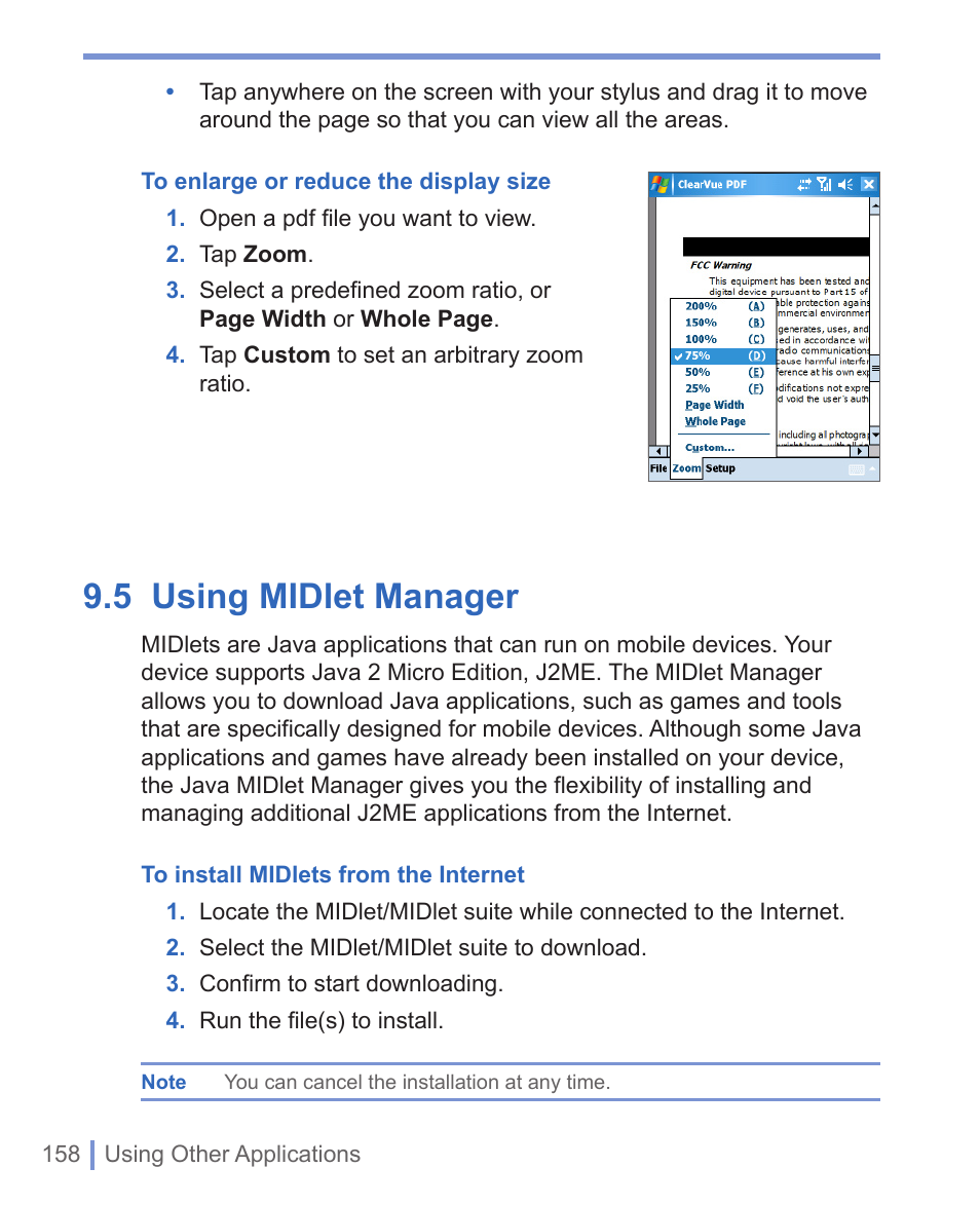 4 using clearvue pdf, 5 using midlet manager | HTC 8125 User Manual | Page 158 / 192