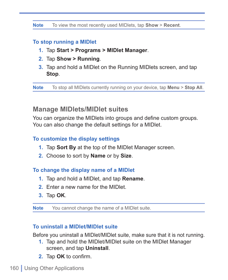 5 using midlet manager, Manage midlets/midlet suites | HTC 8125 User Manual | Page 160 / 192