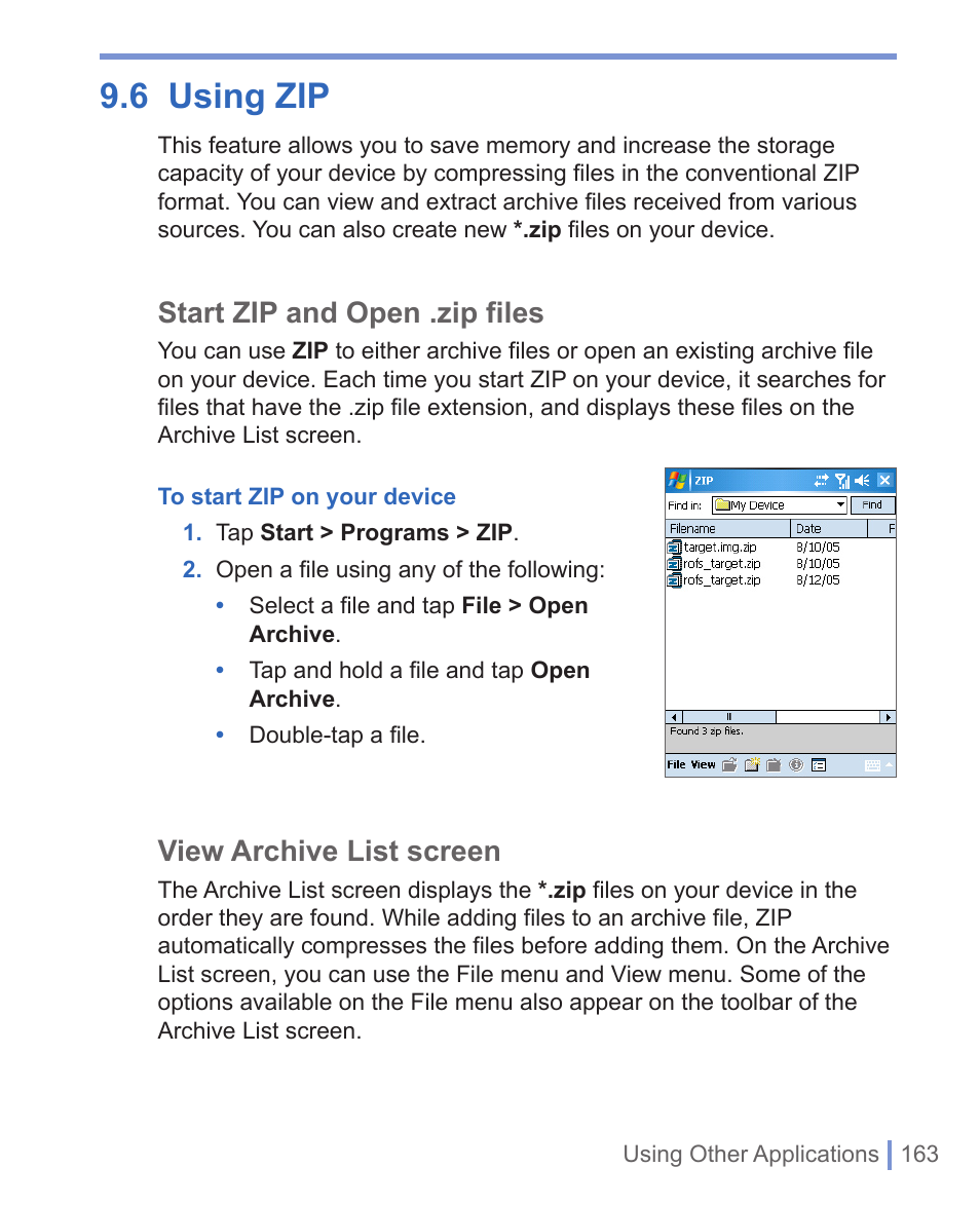 6 using zip, Start zip and open .zip files, View archive list screen | HTC 8125 User Manual | Page 163 / 192