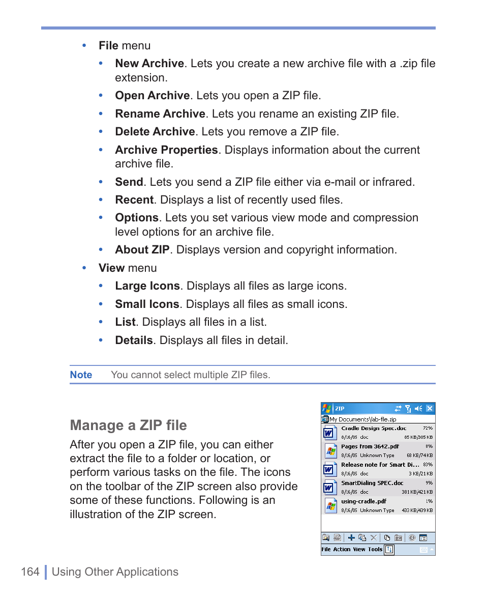 Manage a zip file | HTC 8125 User Manual | Page 164 / 192