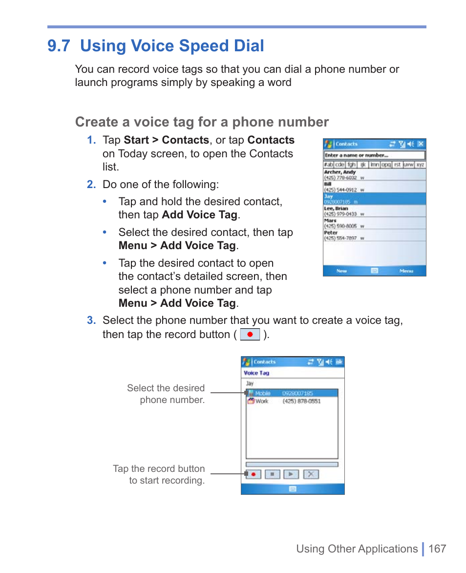 7 using voice speed dial, Create a voice tag for a phone number | HTC 8125 User Manual | Page 167 / 192