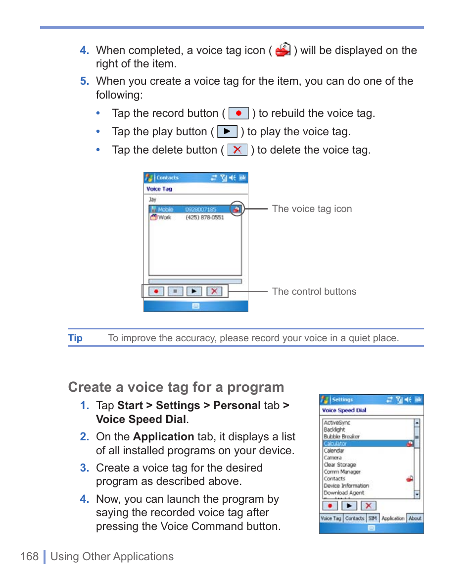 Create a voice tag for a program | HTC 8125 User Manual | Page 168 / 192