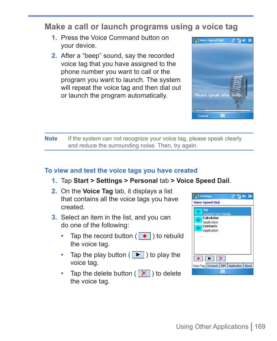 Make a call or launch programs using a voice tag | HTC 8125 User Manual | Page 169 / 192