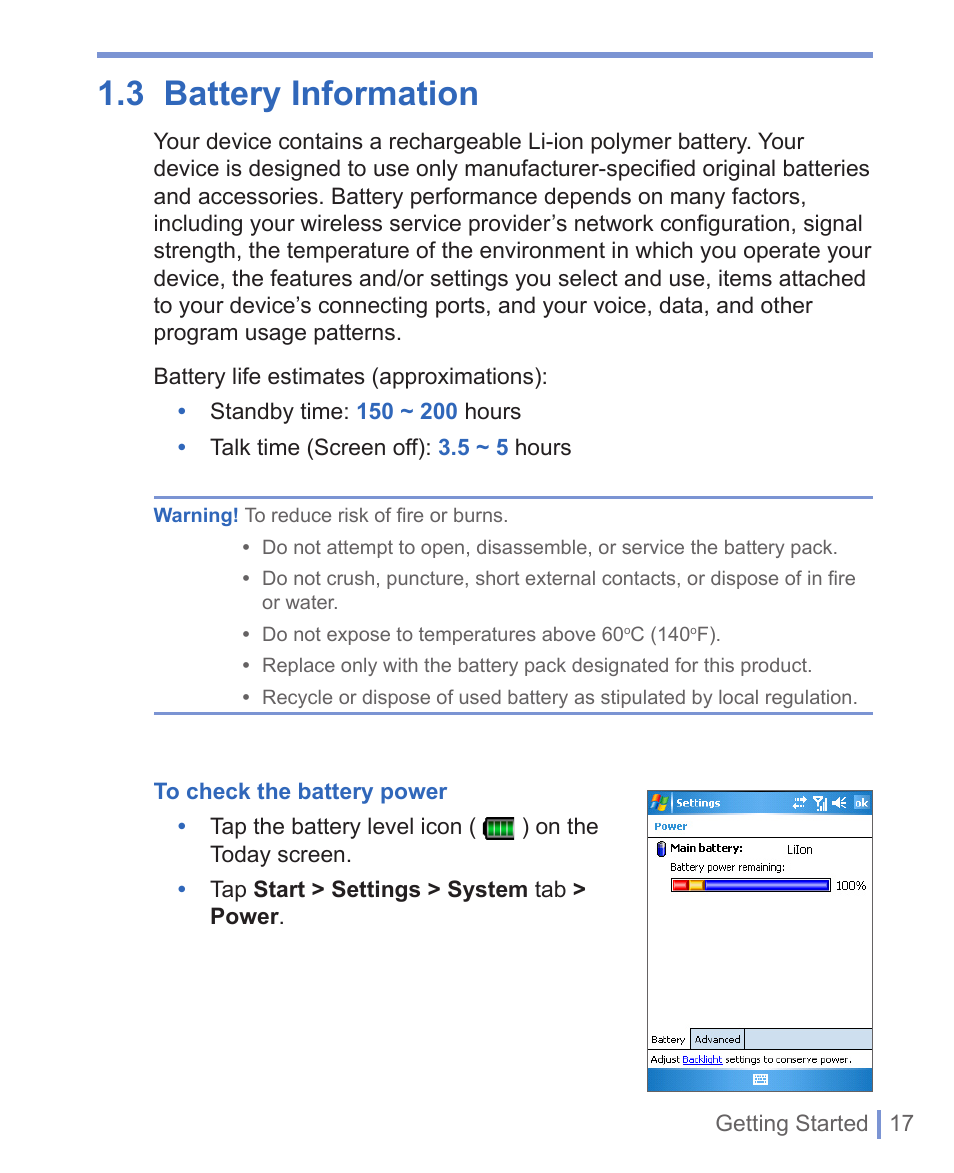 3 battery information | HTC 8125 User Manual | Page 17 / 192