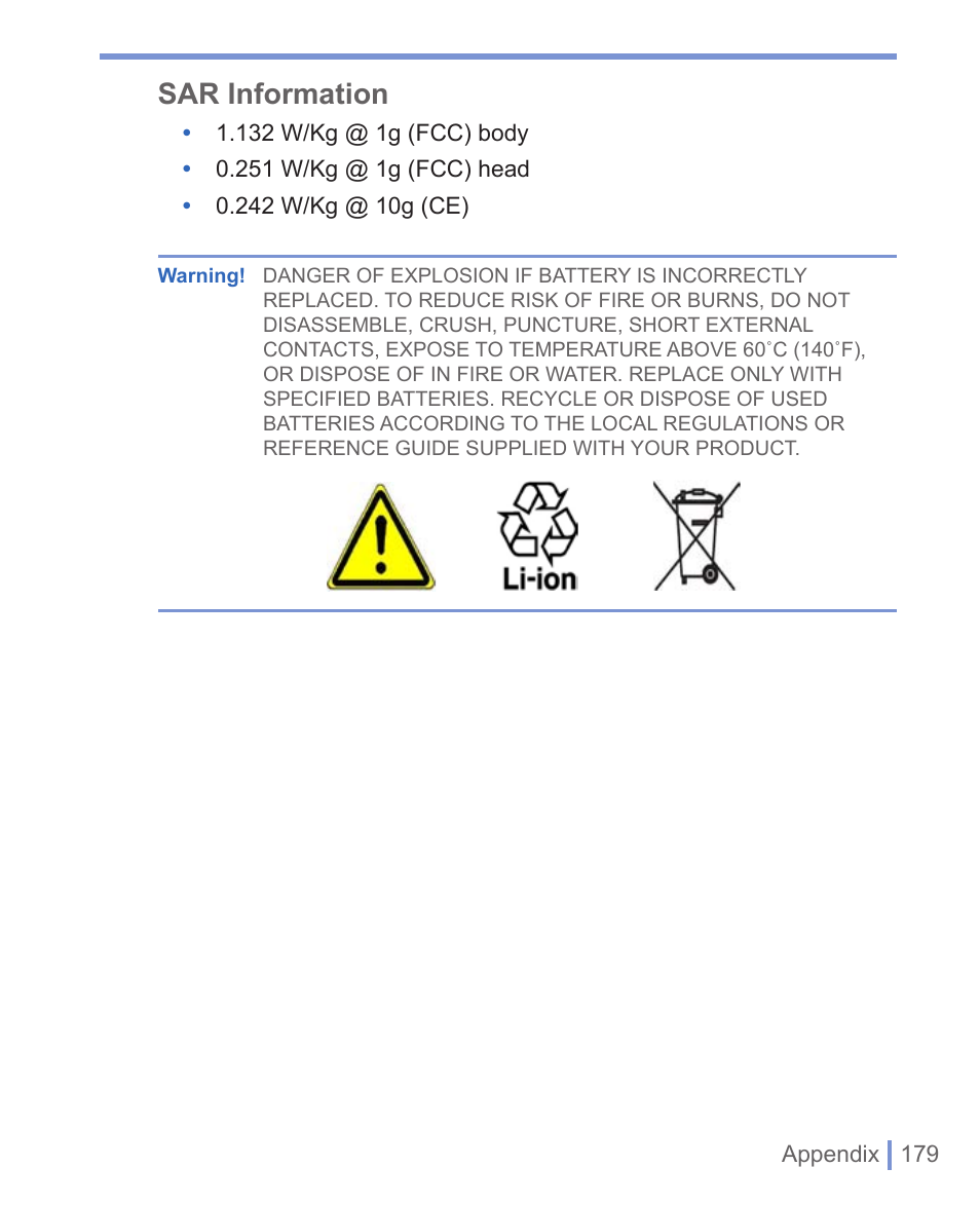 A.5 index, Sar information | HTC 8125 User Manual | Page 179 / 192