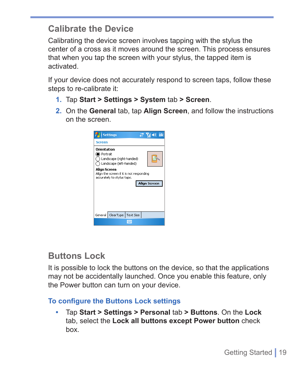 4 starting up, Calibrate the device, Buttons lock | HTC 8125 User Manual | Page 19 / 192