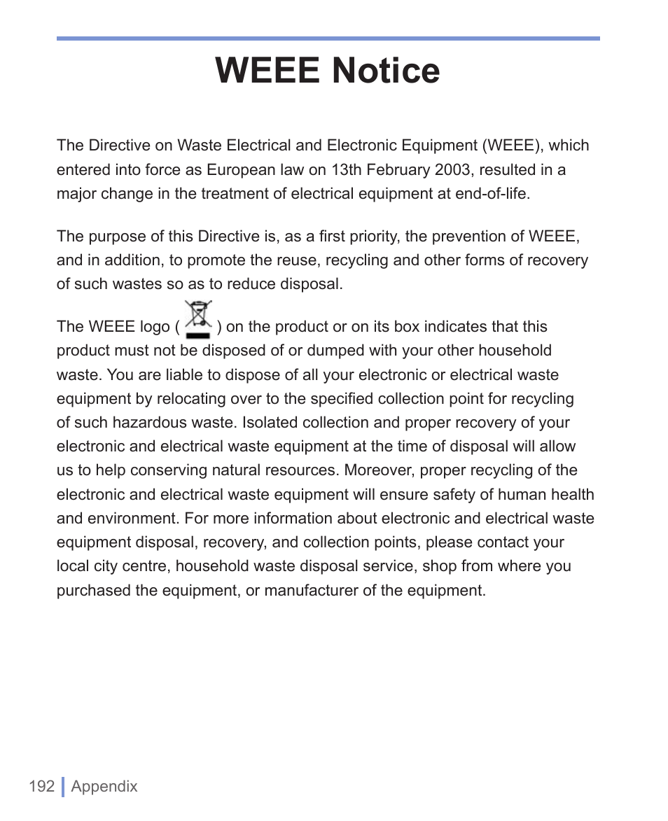 Weee notice | HTC 8125 User Manual | Page 192 / 192
