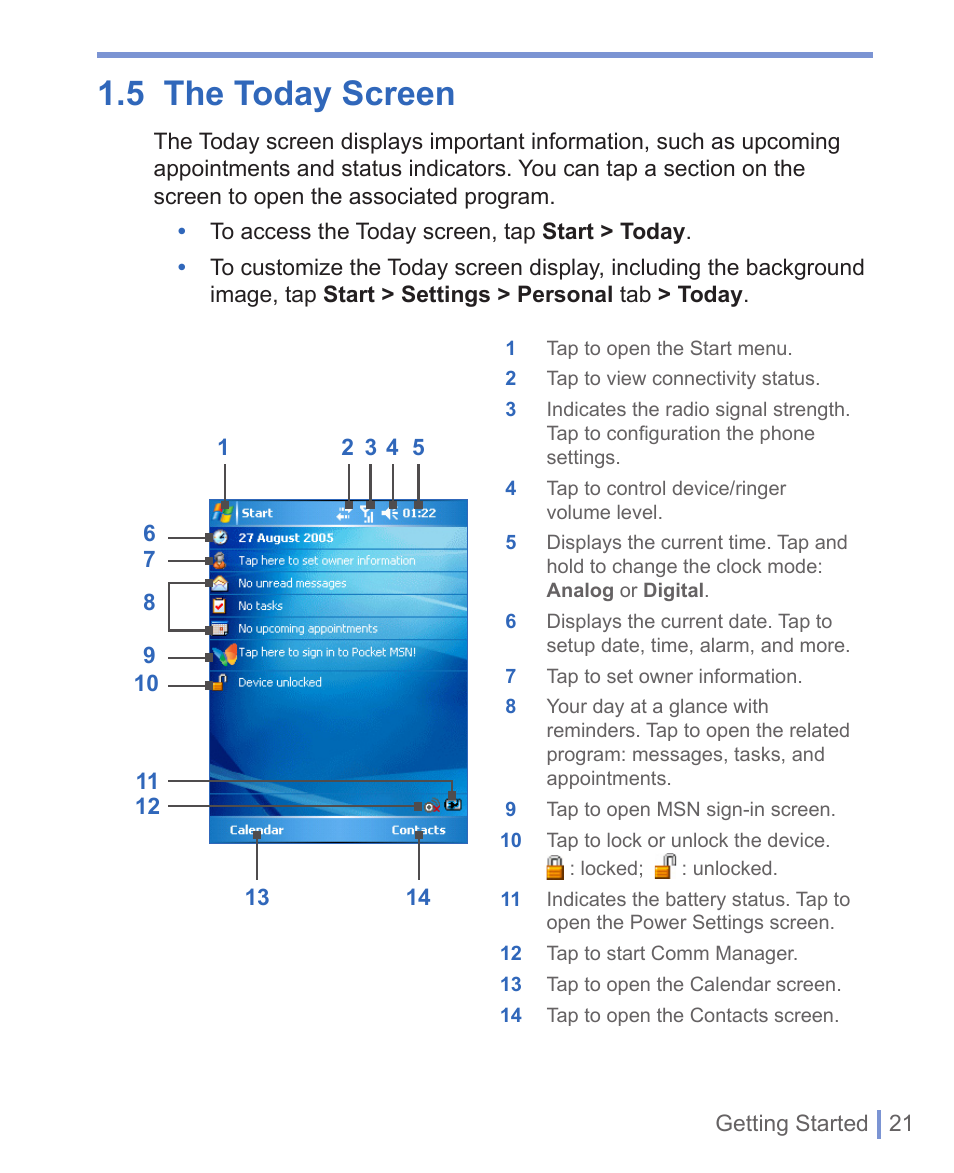 5 the today screen | HTC 8125 User Manual | Page 21 / 192
