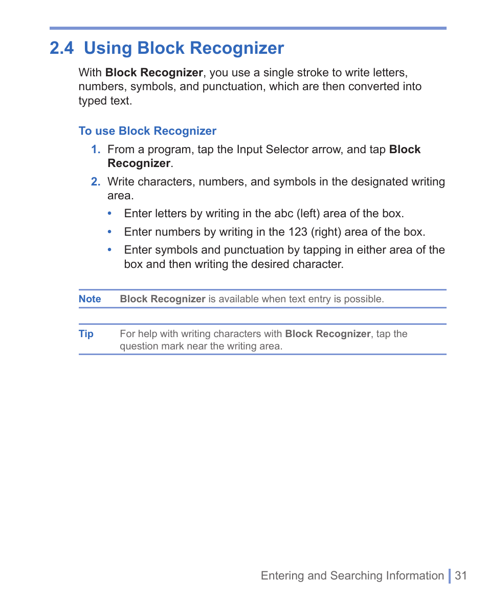 3 using letter recognizer, 4 using block recognizer | HTC 8125 User Manual | Page 31 / 192