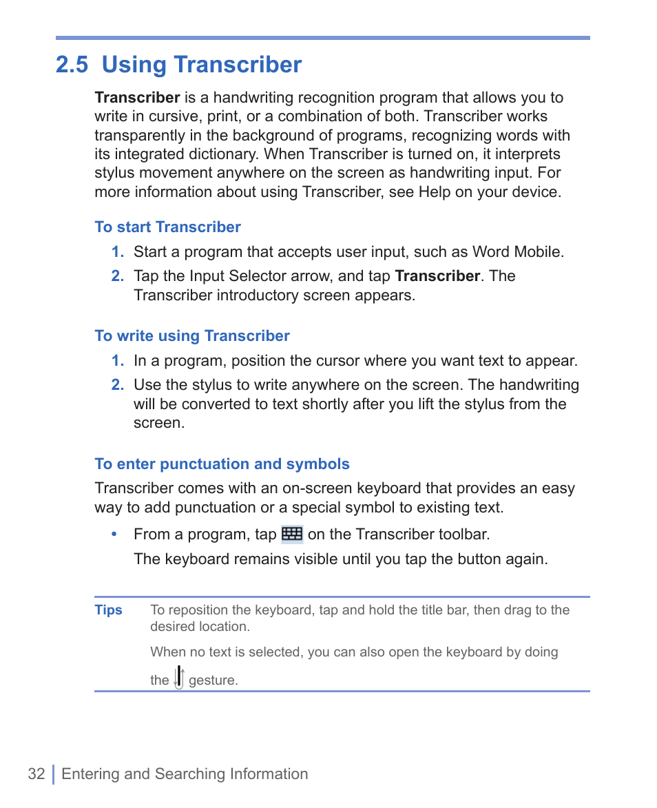 4 using block recognizer, 5 using transcriber | HTC 8125 User Manual | Page 32 / 192