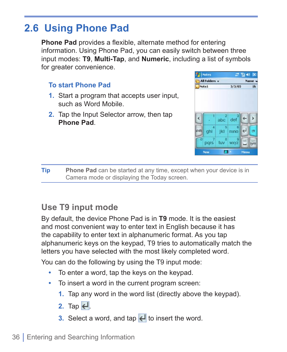 6 using phone pad, Use t9 input mode | HTC 8125 User Manual | Page 36 / 192