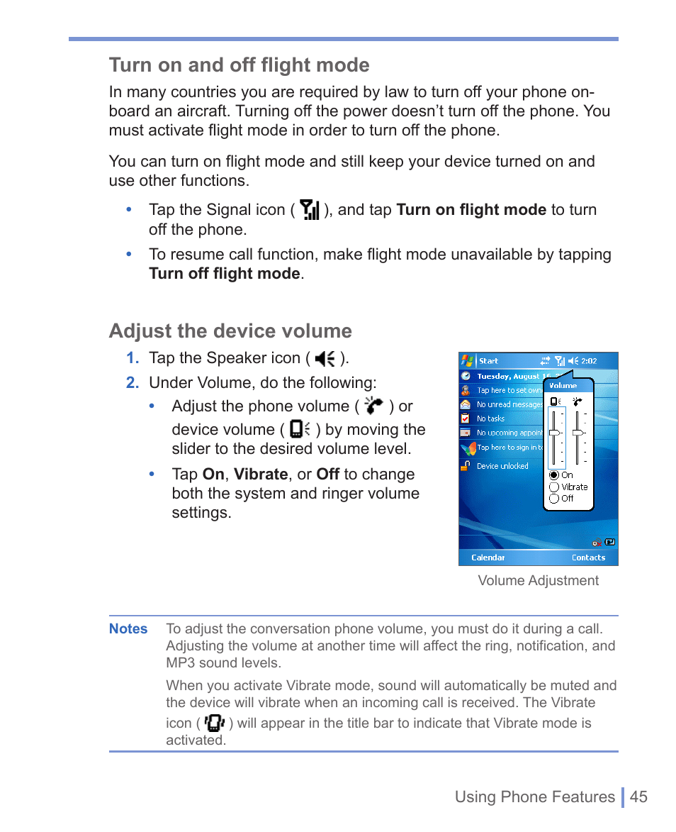 Turn on and off flight mode, Adjust the device volume | HTC 8125 User Manual | Page 45 / 192