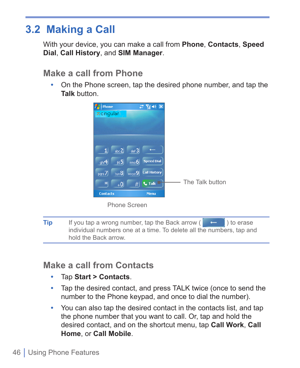 2 making a call, Make a call from phone, Make a call from contacts | HTC 8125 User Manual | Page 46 / 192