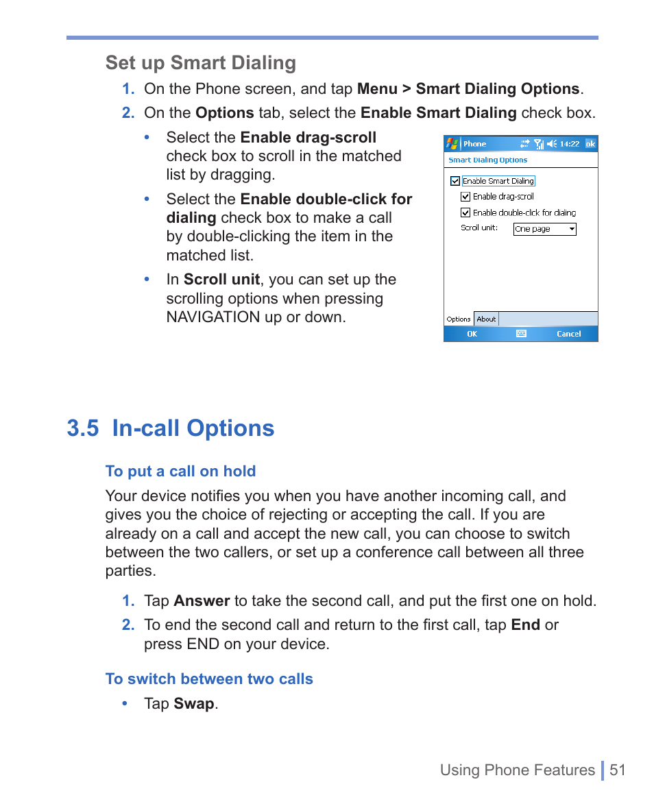 5 in-call options, Set up smart dialing | HTC 8125 User Manual | Page 51 / 192