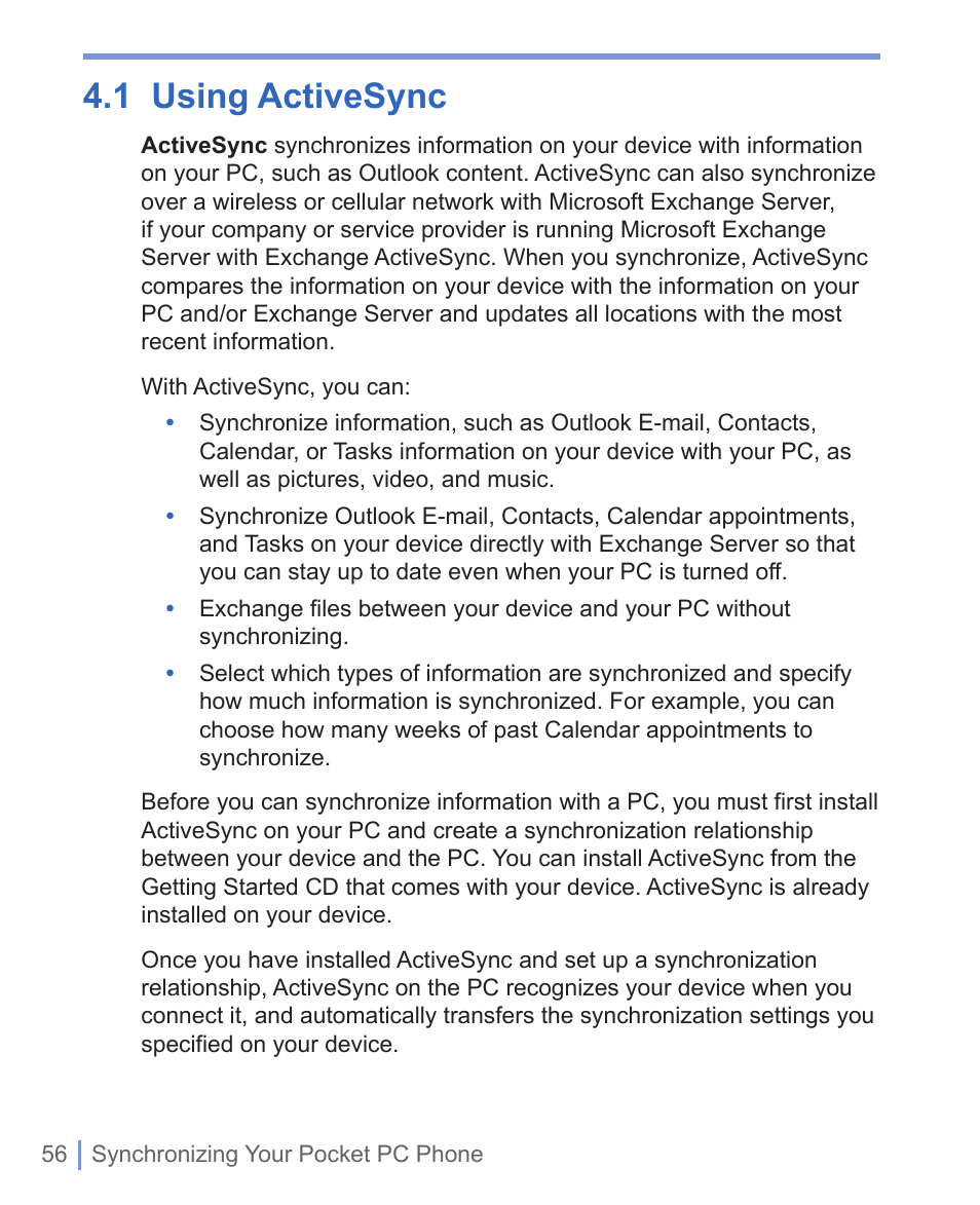 1 using activesync | HTC 8125 User Manual | Page 56 / 192