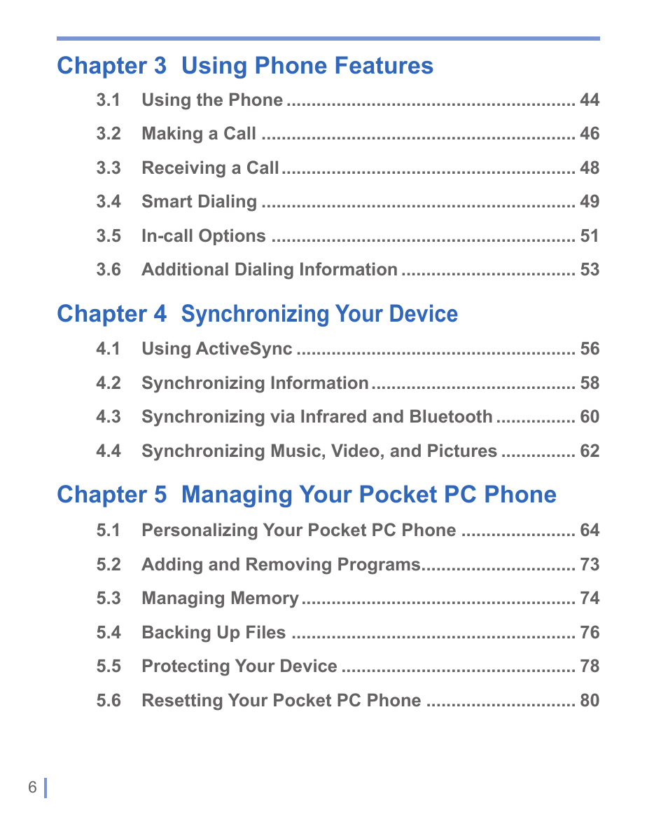 Chapter 3 using phone features, Chapter 4 synchronizing your device, Chapter 5 managing your pocket pc phone | HTC 8125 User Manual | Page 6 / 192