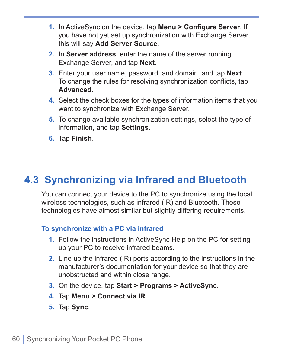 3 synchronizing via infrared, And bluetooth, 3 synchronizing via infrared and bluetooth | HTC 8125 User Manual | Page 60 / 192
