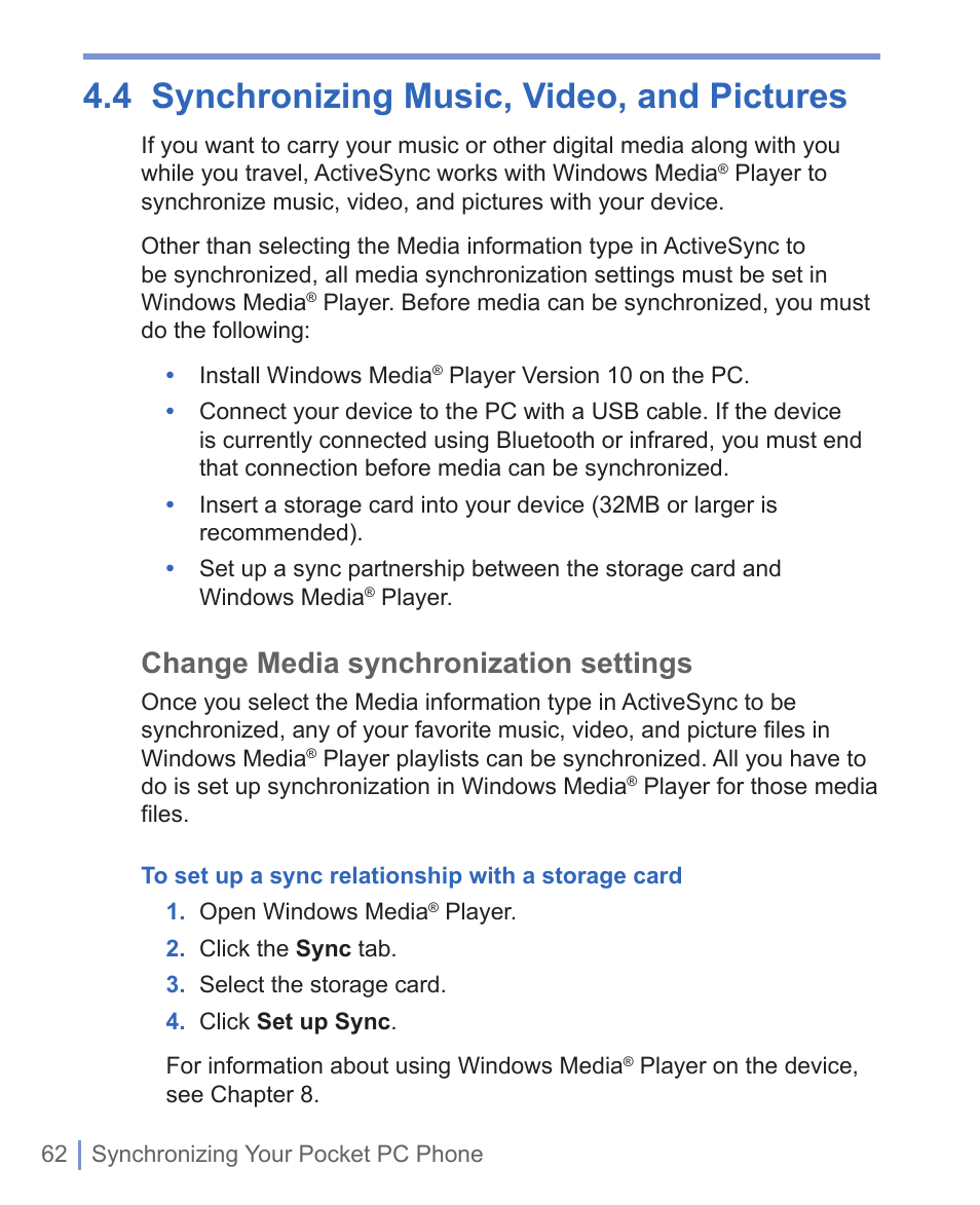 4 synchronizing music, video, and pictures, Change media synchronization settings | HTC 8125 User Manual | Page 62 / 192