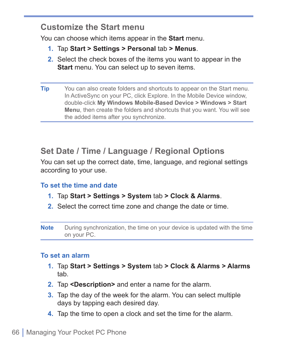 Customize the start menu, Set date / time / language / regional options | HTC 8125 User Manual | Page 66 / 192