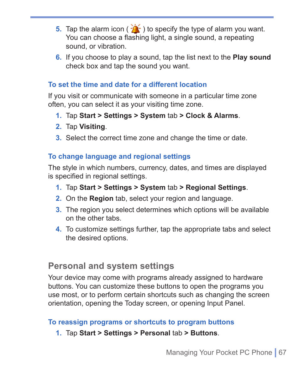 Personal and system settings | HTC 8125 User Manual | Page 67 / 192