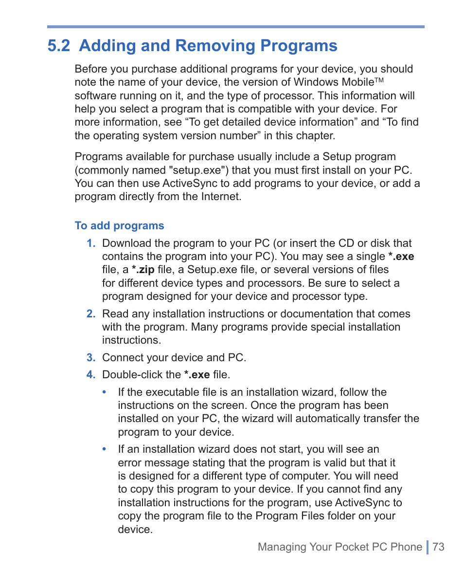 2 adding and removing programs | HTC 8125 User Manual | Page 73 / 192