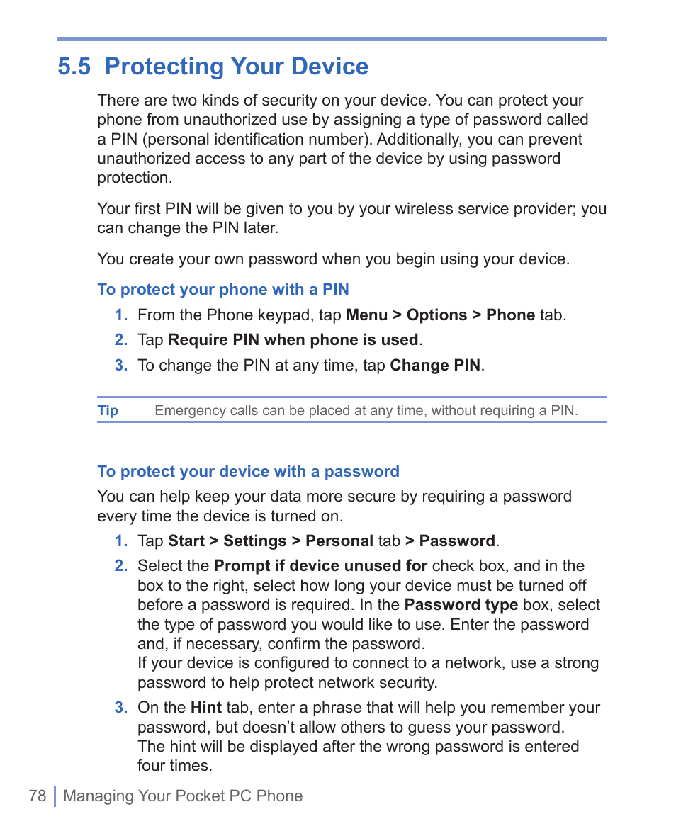 5 protecting your device | HTC 8125 User Manual | Page 78 / 192