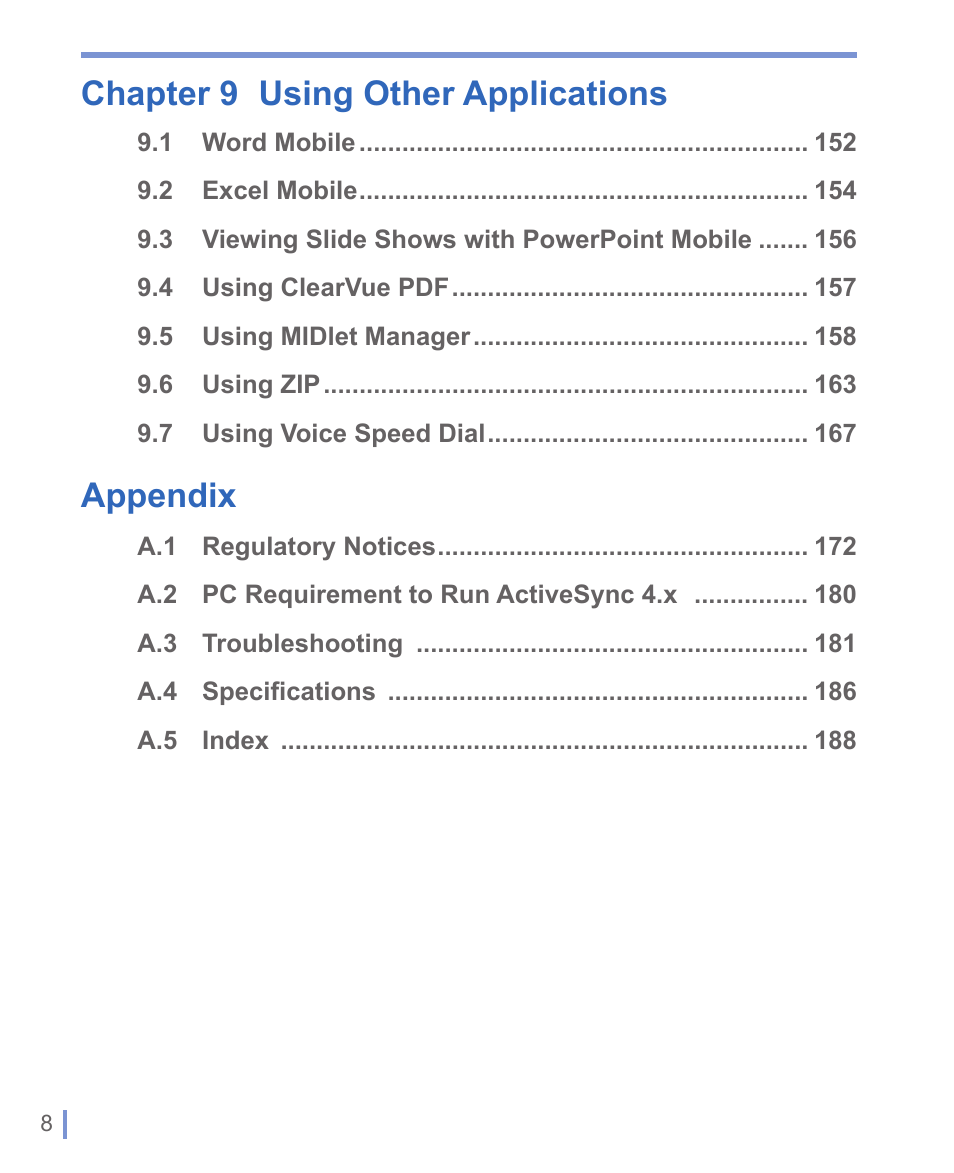 Chapter 9 using other applications, Appendix | HTC 8125 User Manual | Page 8 / 192