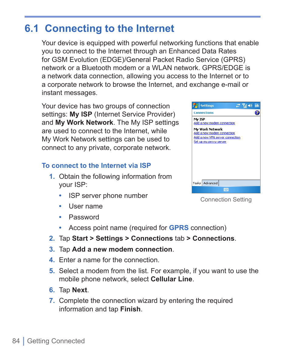 1 connecting to the internet | HTC 8125 User Manual | Page 84 / 192