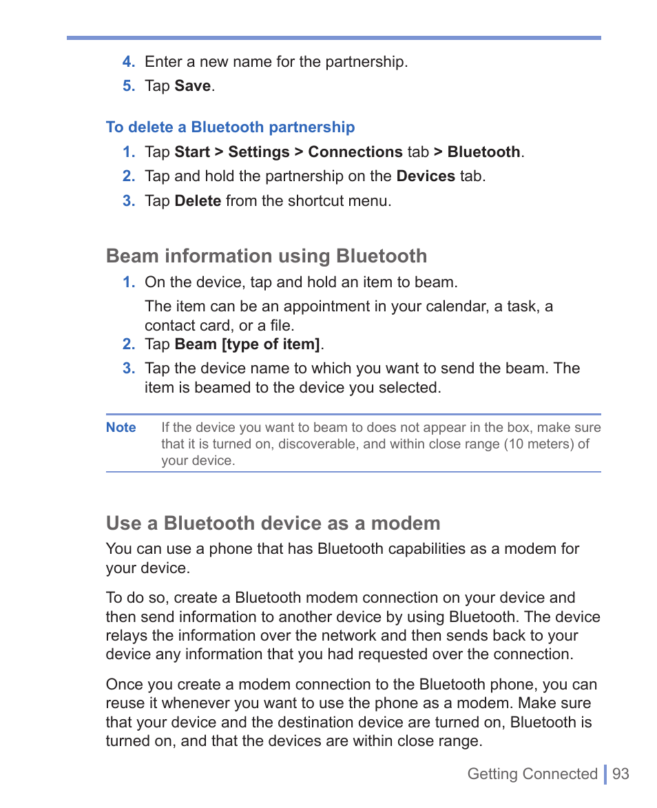 Beam information using bluetooth, Use a bluetooth device as a modem | HTC 8125 User Manual | Page 93 / 192