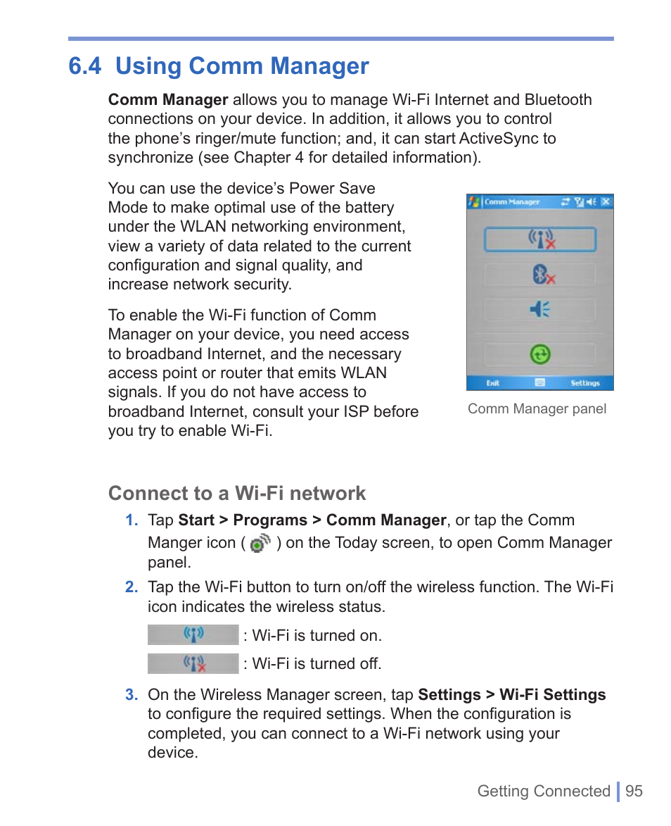 4 using comm manager, Connect to a wi-fi network | HTC 8125 User Manual | Page 95 / 192