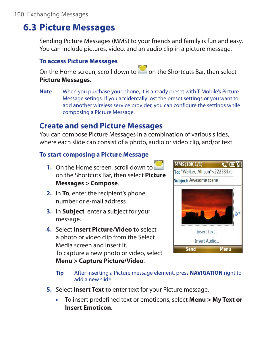3 picture messages, Create and send picture messages | HTC KII0160 User Manual | Page 100 / 212