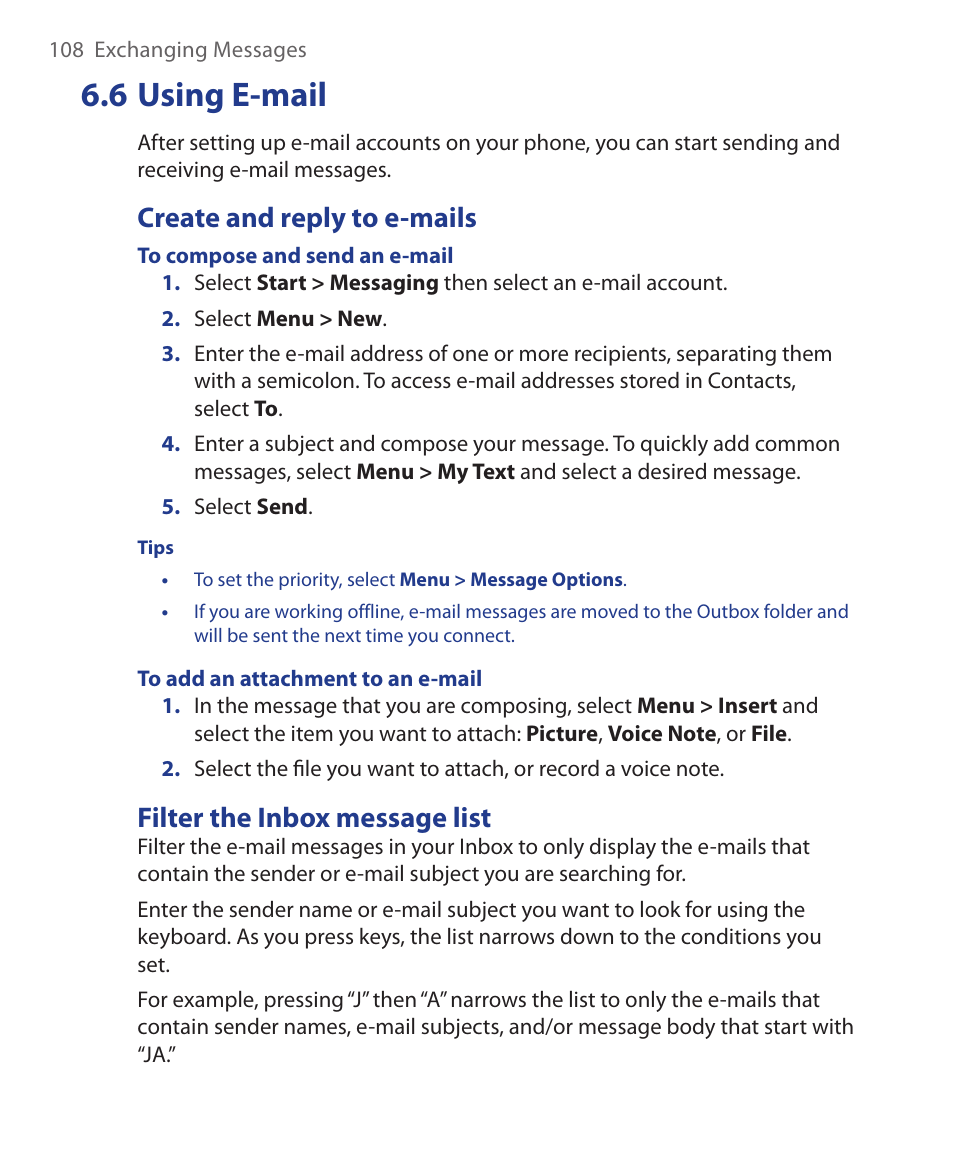 6 using e-mail, Create and reply to e-mails, Filter the inbox message list | HTC KII0160 User Manual | Page 108 / 212