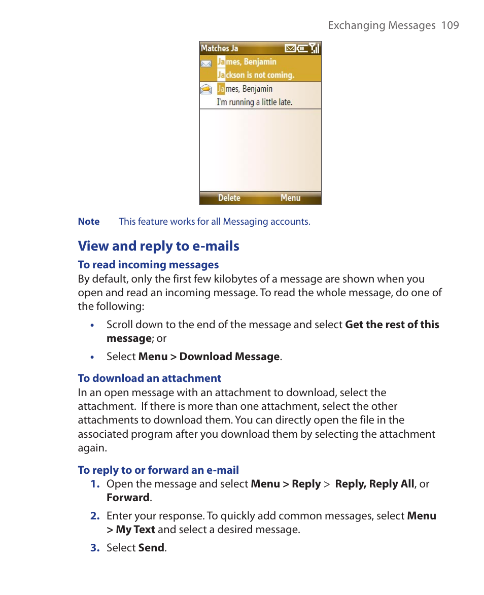 View and reply to e-mails | HTC KII0160 User Manual | Page 109 / 212