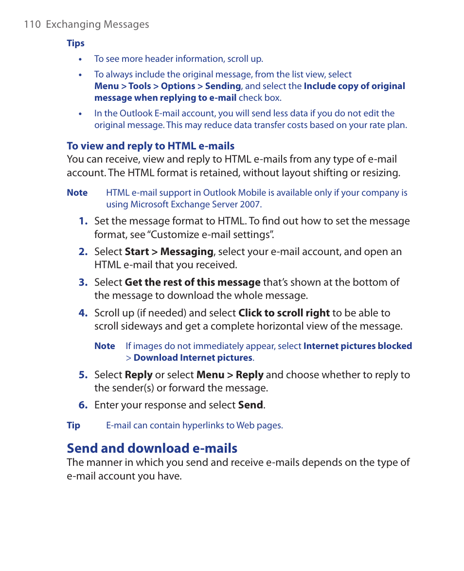 Send and download e-mails | HTC KII0160 User Manual | Page 110 / 212