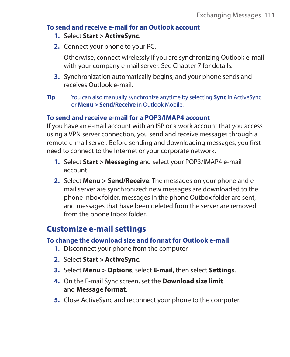 Customize e-mail settings | HTC KII0160 User Manual | Page 111 / 212