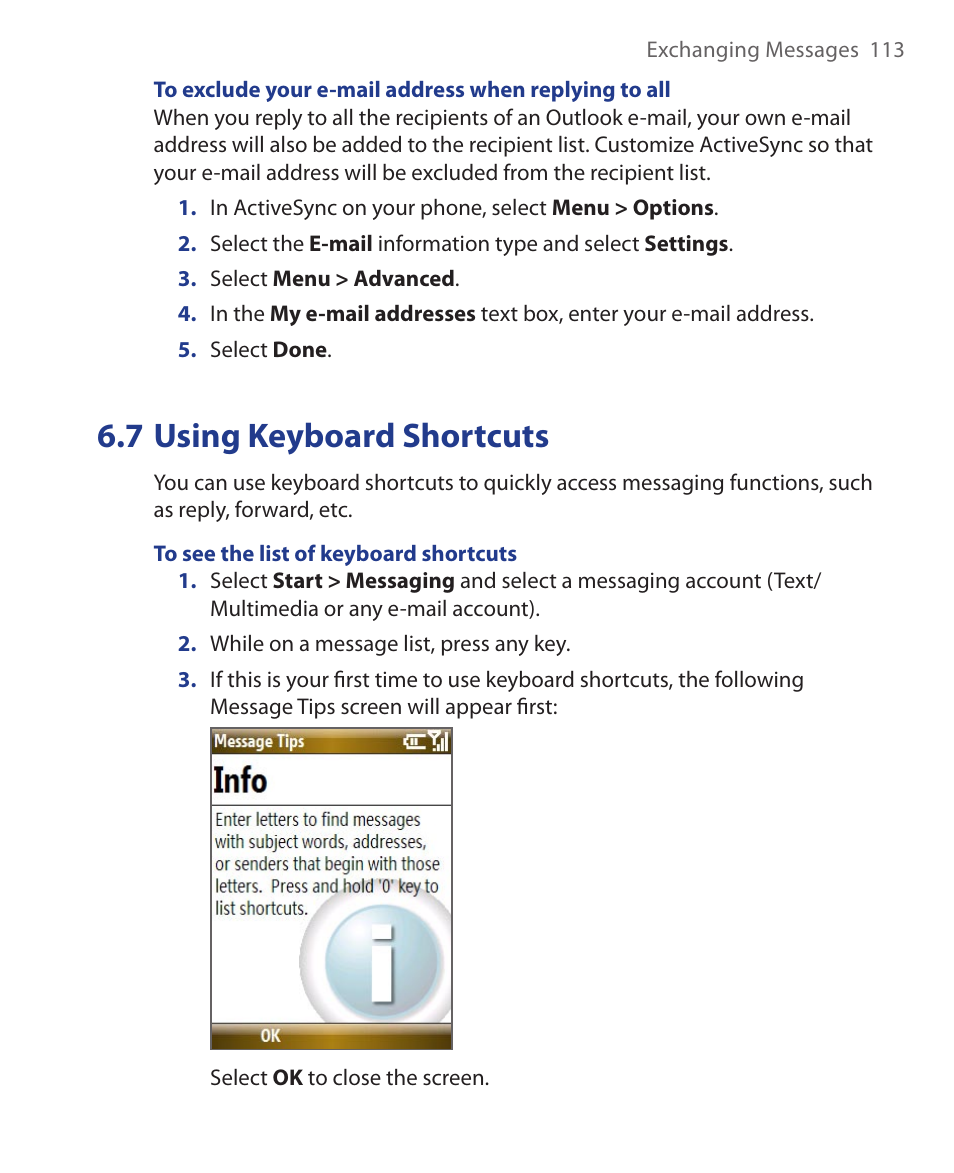 7 using keyboard shortcuts | HTC KII0160 User Manual | Page 113 / 212