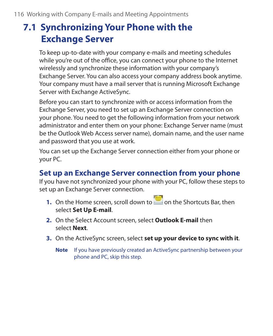 1 synchronizing your phone with the, Exchange server | HTC KII0160 User Manual | Page 116 / 212