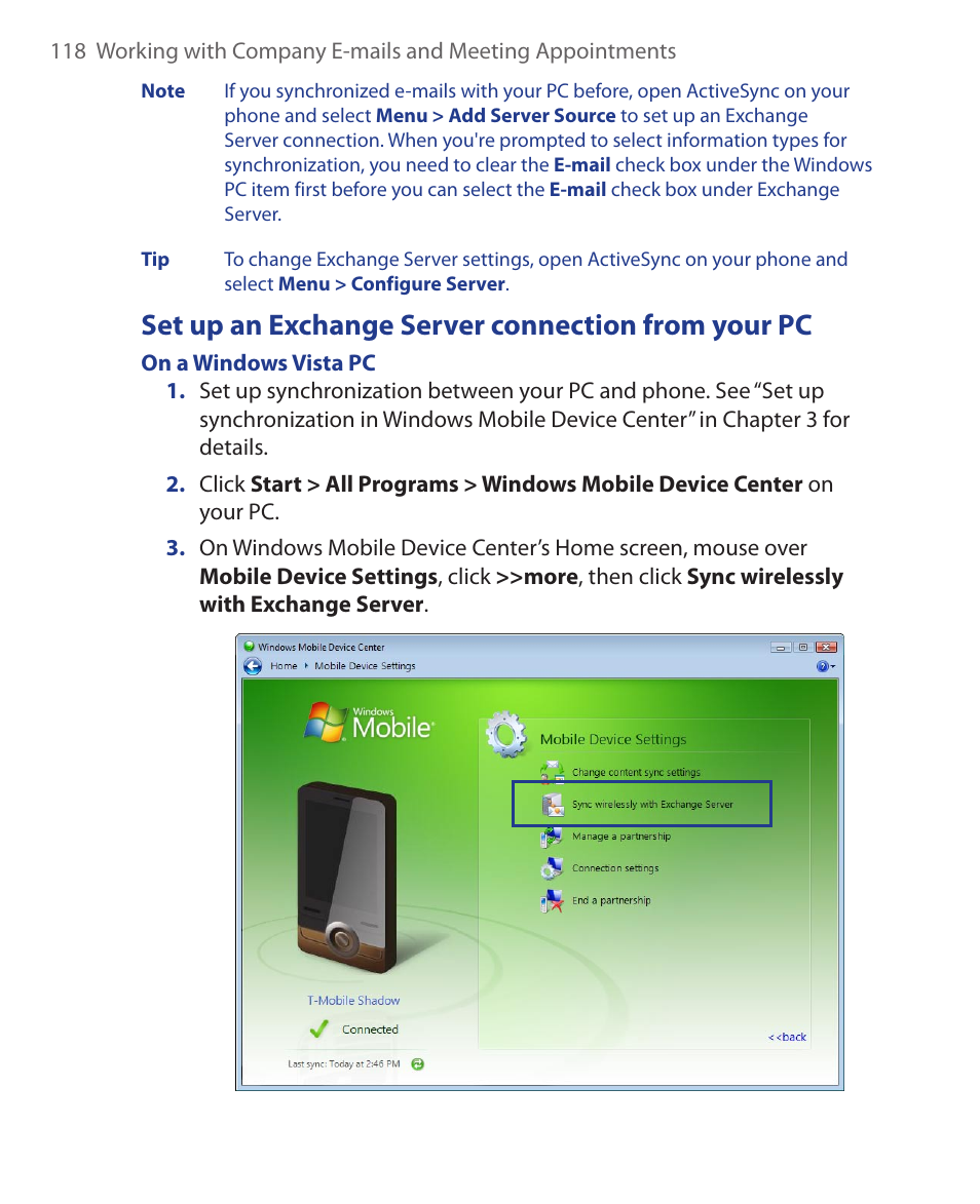Set up an exchange server connection from your pc | HTC KII0160 User Manual | Page 118 / 212
