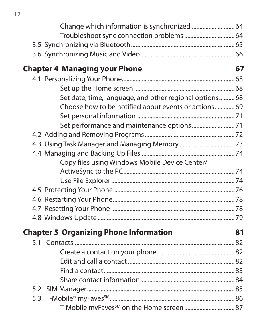 Chapter 4 managing your phone 67, Chapter 5 organizing phone information 81 | HTC KII0160 User Manual | Page 12 / 212