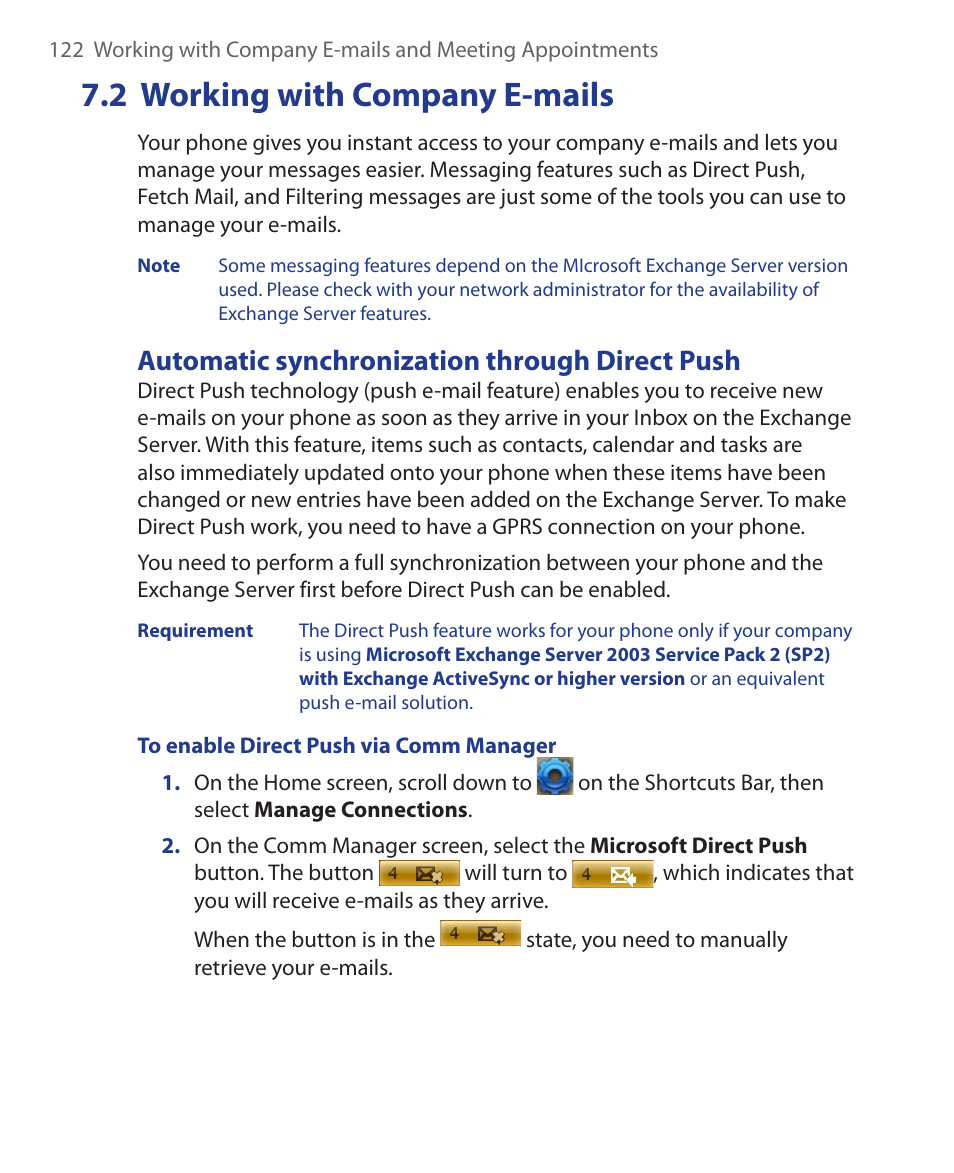 2 working with company e-mails, Automatic synchronization through direct push | HTC KII0160 User Manual | Page 122 / 212