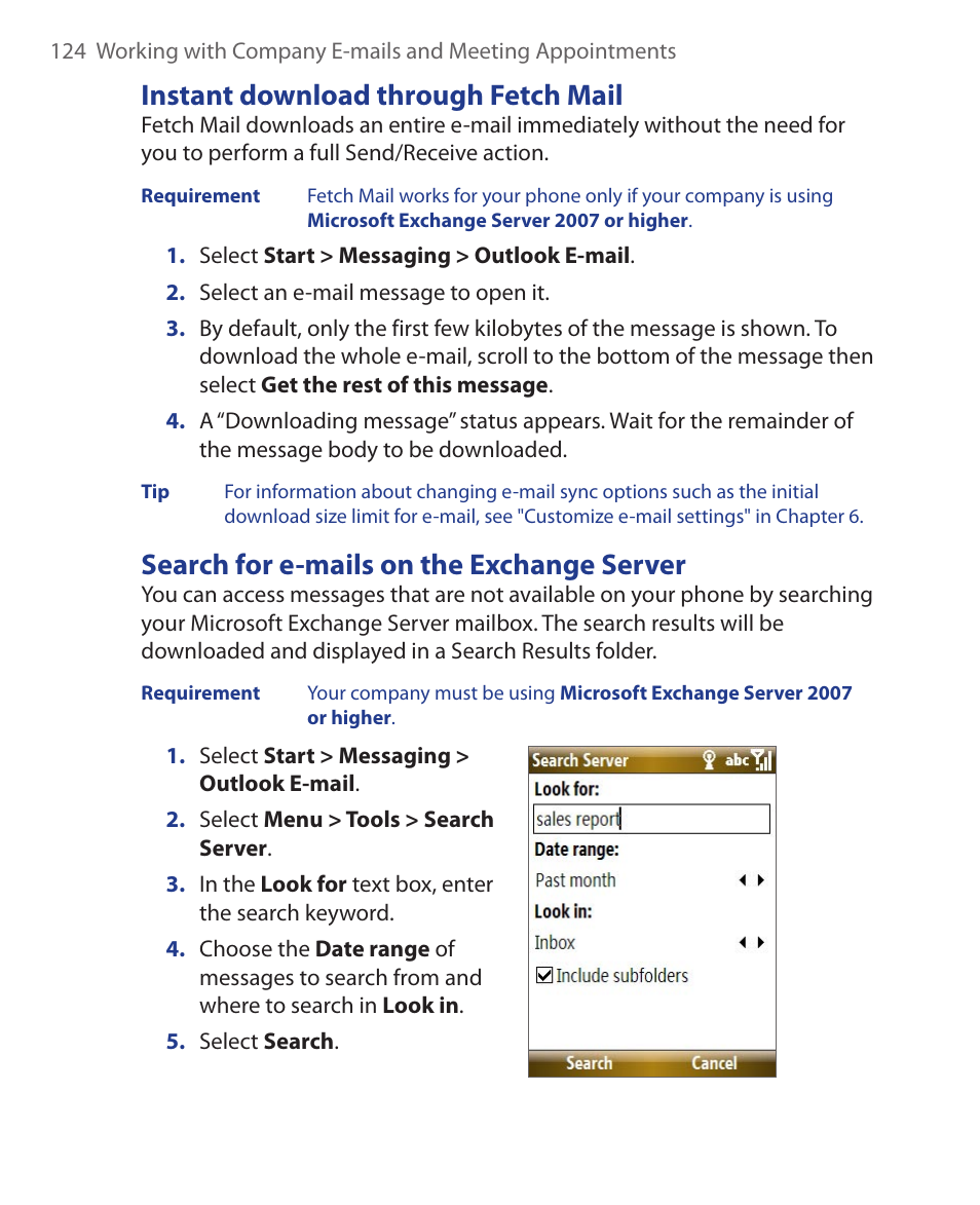 Instant download through fetch mail, Search for e-mails on the exchange server | HTC KII0160 User Manual | Page 124 / 212