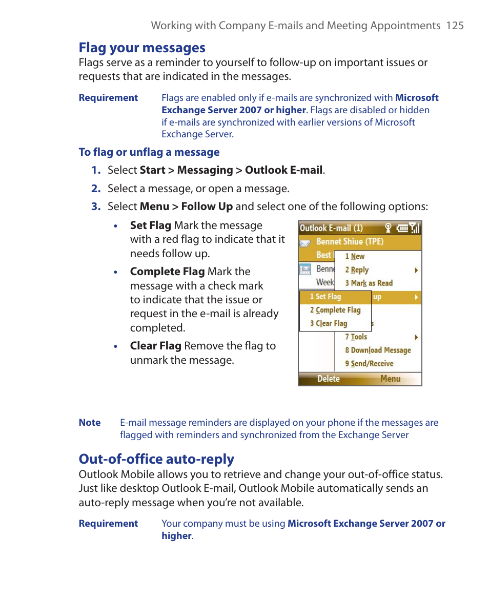 Flag your messages, Out-of-office auto-reply, Flag your messages out-of-office auto-reply | HTC KII0160 User Manual | Page 125 / 212