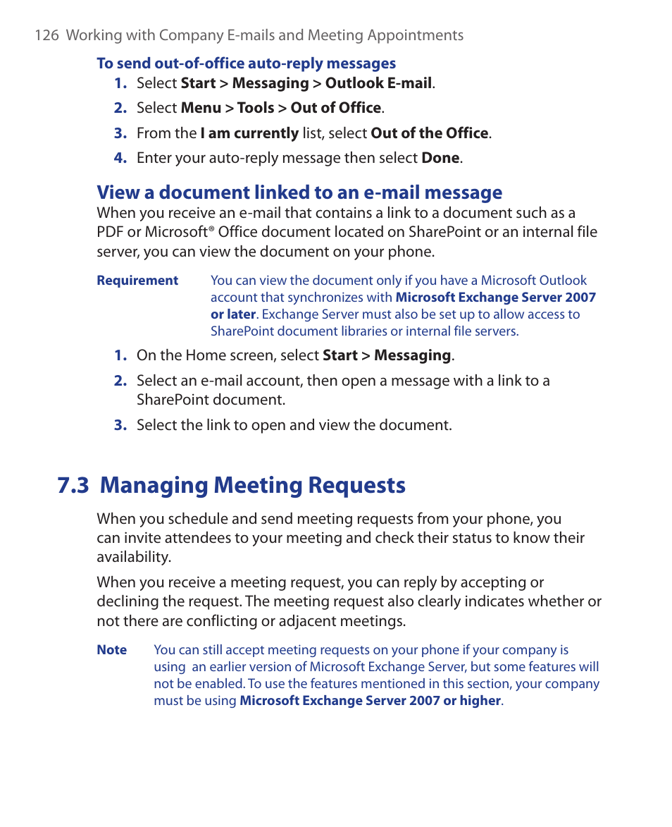 View a document linked to an e-mail message, 3 managing meeting requests | HTC KII0160 User Manual | Page 126 / 212