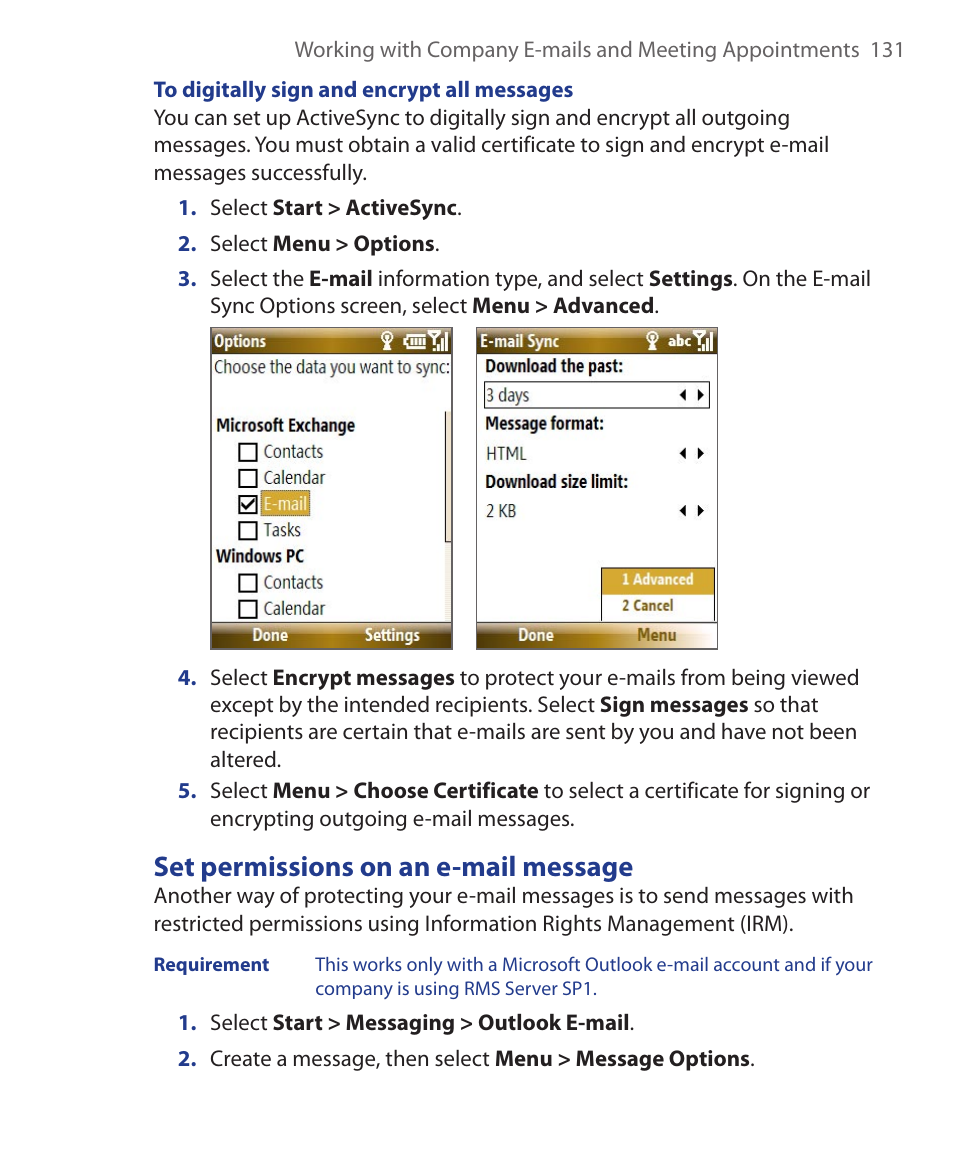 Set permissions on an e-mail message | HTC KII0160 User Manual | Page 131 / 212