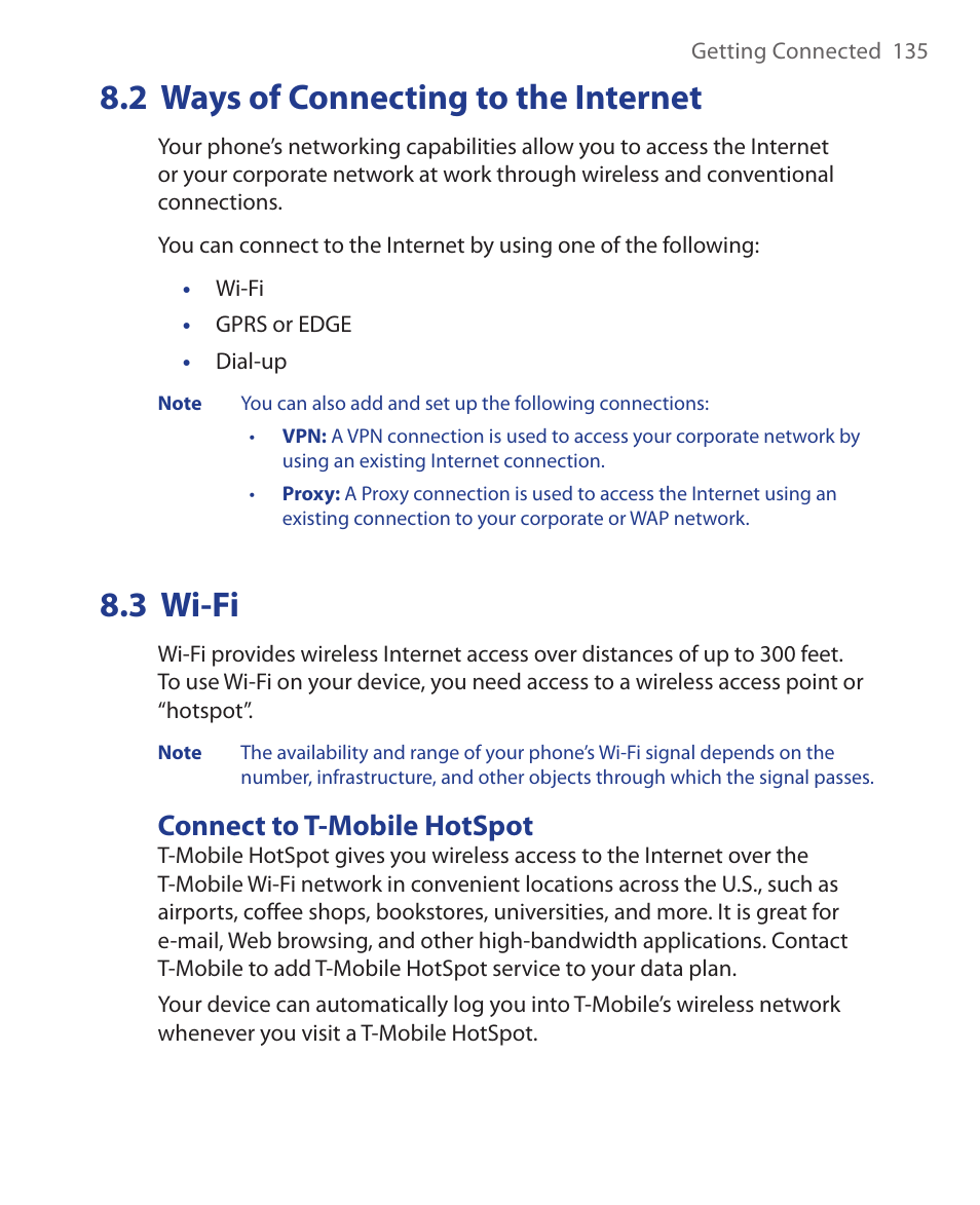 2 ways of connecting to the internet, 3 wi-fi, Connect to t-mobile hotspot | 2 ways of connecting to the internet 8.3 wi-fi | HTC KII0160 User Manual | Page 135 / 212