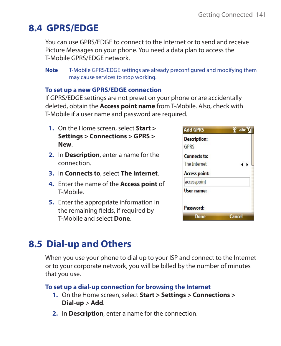 4 gprs/edge, 5 dial-up and others, 4 gprs/edge 8.5 dial-up and others | HTC KII0160 User Manual | Page 141 / 212