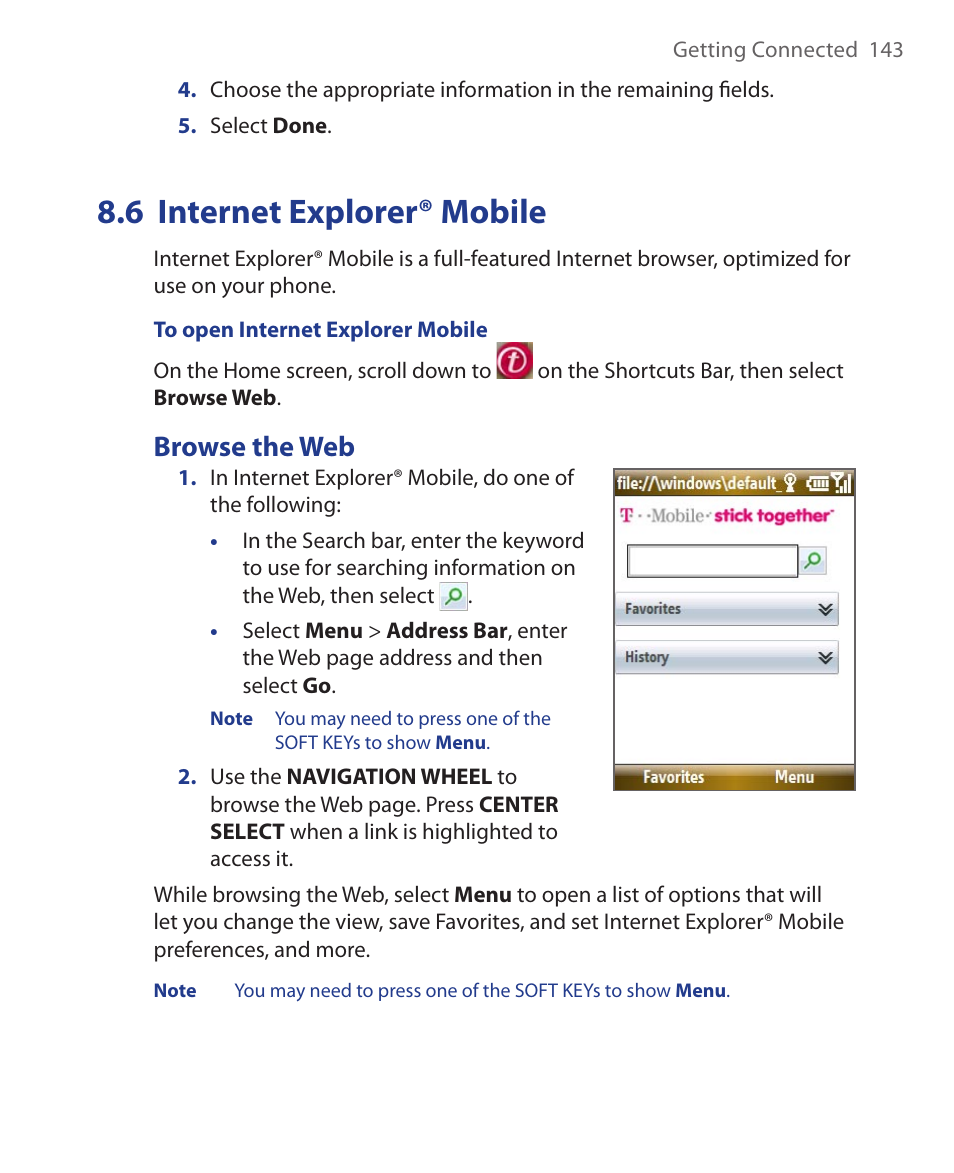 6 internet explorer® mobile, Browse the web | HTC KII0160 User Manual | Page 143 / 212
