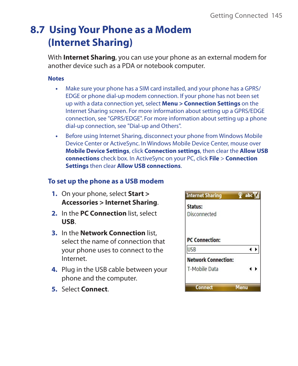 7 using your phone as a modem (internet sharing), 7 using your phone as a modem, Internet sharing) | HTC KII0160 User Manual | Page 145 / 212