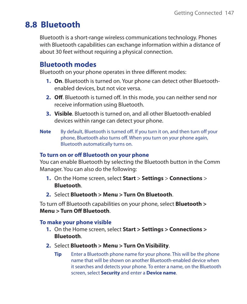 8 bluetooth, Bluetooth modes | HTC KII0160 User Manual | Page 147 / 212