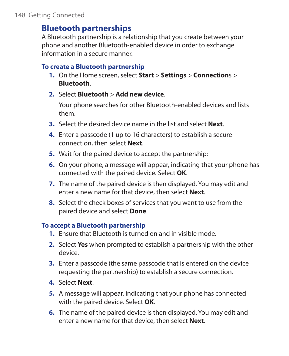Bluetooth partnerships | HTC KII0160 User Manual | Page 148 / 212